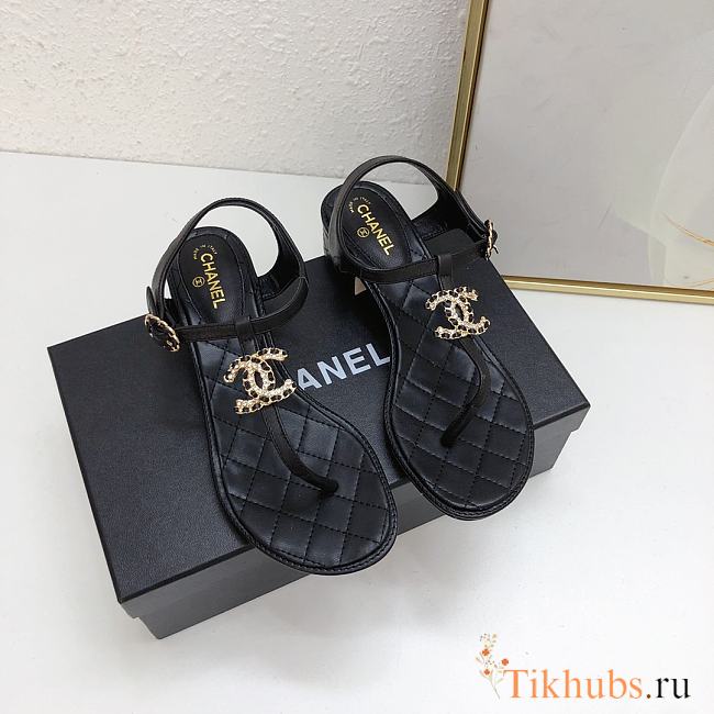 Chanel Black Lambskin Chain CC Logo Thong Sandals 5cm - 1