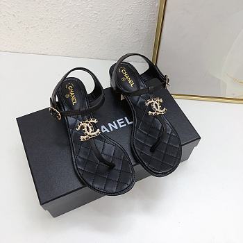 Chanel Black Lambskin Chain CC Logo Thong Sandals 5cm