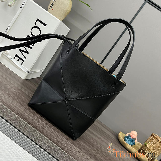 Loewe Mini Puzzle Fold Tote in Shiny Calfskin Black 20x16.5x9.5cm - 1