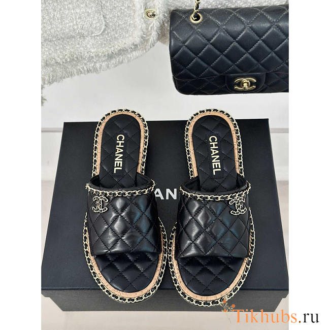 Chanel Lambskin Quilted CC Slides Black - 1