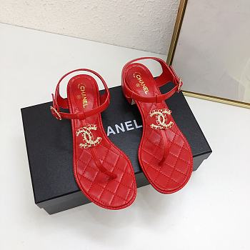 Chanel Red Lambskin Chain CC Logo Thong Sandals 5cm