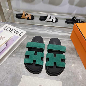 Hermes Dark Green Suede Chypre Sandals