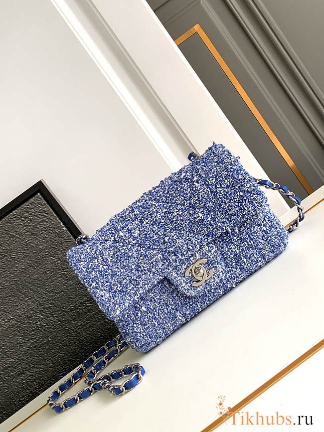 Chanel Classic Bag 11.12 Tweed Fabric Silver Black Blue 20cm - 1