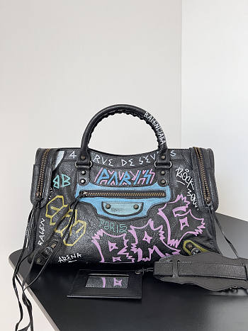 Balenciaga Black Graffiti Leather City Tote 38x14x24cm