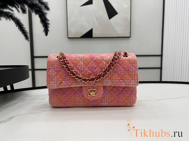 Chanel Medium Flap Bag Tweed Gold Orange Pink 25cm - 1