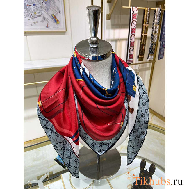 Gucci Flora Print Silk Scarf Red Grey 90x90cm - 1