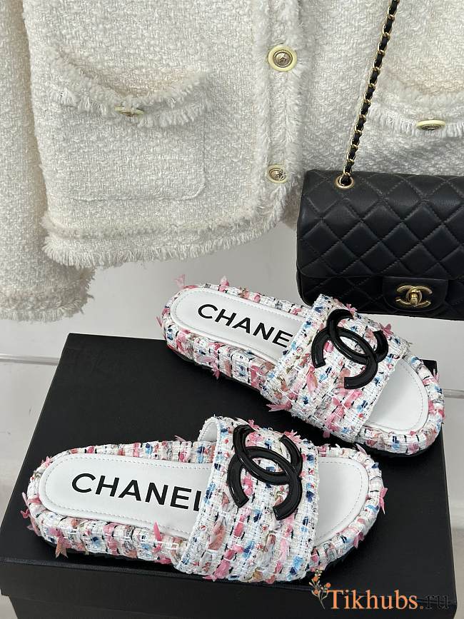 Chanel Tweed Pink Slides - 1