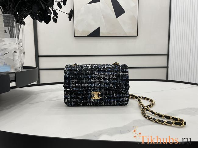 Chanel Small Flap Bag Black Tweed Gold 20cm - 1