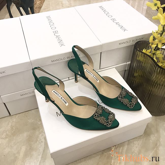 Manolo Blahnik Hangisi Slingback Pumps Green Heel 7cm - 1