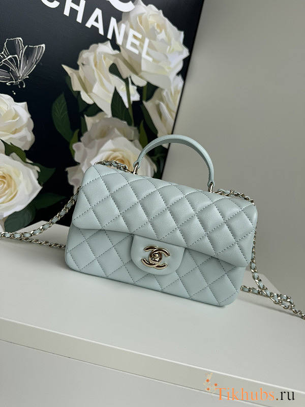 Chanel Top Handle Flap Bag Light Blue Gold 20cm - 1