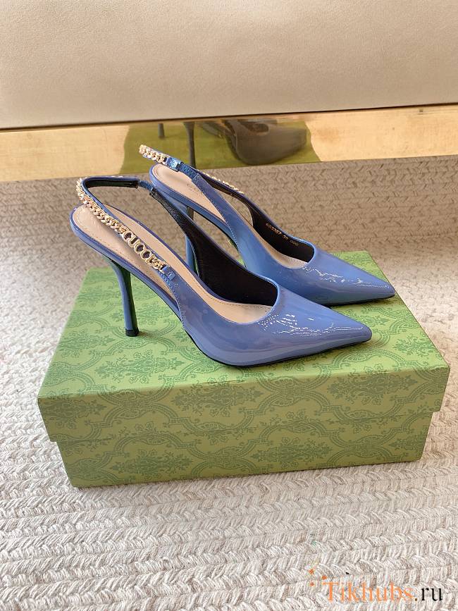 Gucci Signoria Slingback Pump Blue Patent Heel 10.5cm - 1