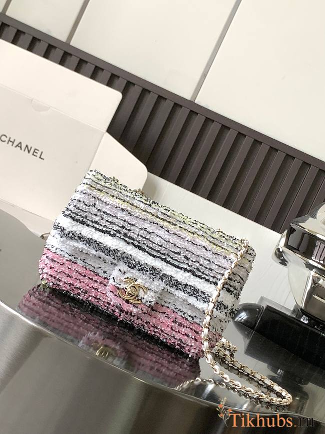 Chanel Small Flap Bag Sequins Gold White Black Pink Yellow 21x14x8cm - 1