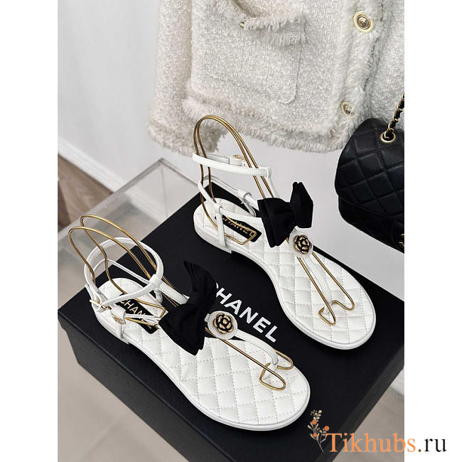 Chanel Leather Bow Sandals White - 1