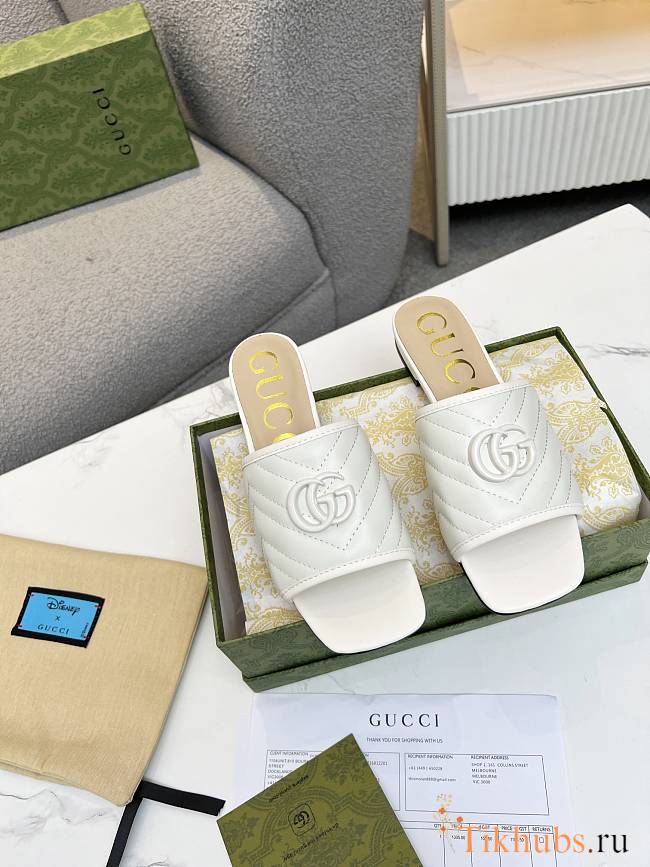 Gucci White Leather Double G Slides - 1