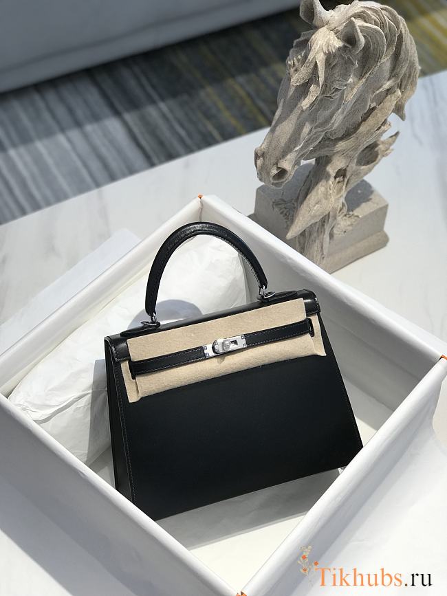 Hermes Kelly 25 Black Box Leather Silver 25cm - 1