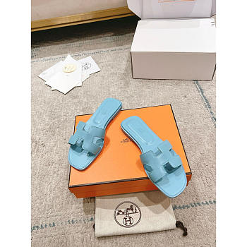 Hermes Oran Leather Light Blue Slides