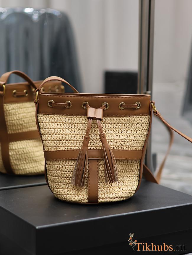 YSL Raffia Bucket Bag Beige Brown 22x15x15cm - 1