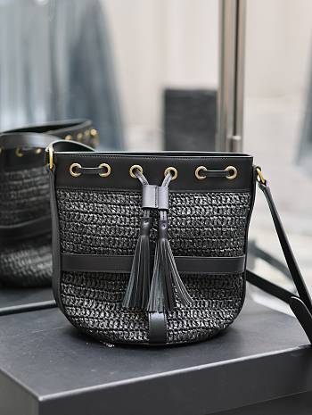 YSL Raffia Bucket Bag Black 22x15x15cm