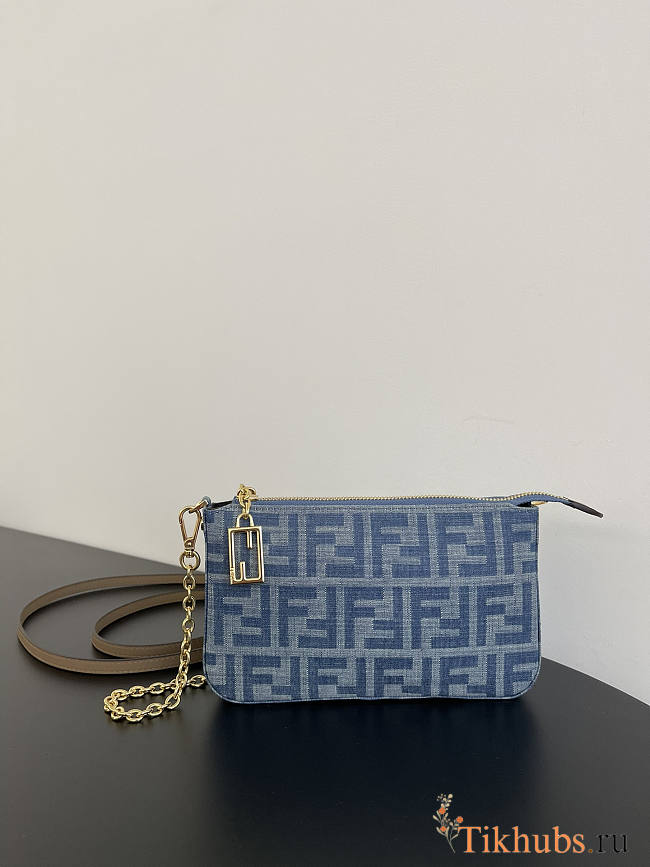 Fendi Baguette Pouch Light Blue FF Denim Fabric 20x3x13cm - 1