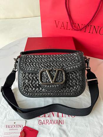 Valentino Garavani Alltime Raffia Black Shoulder Bag 23.5x16x8cm