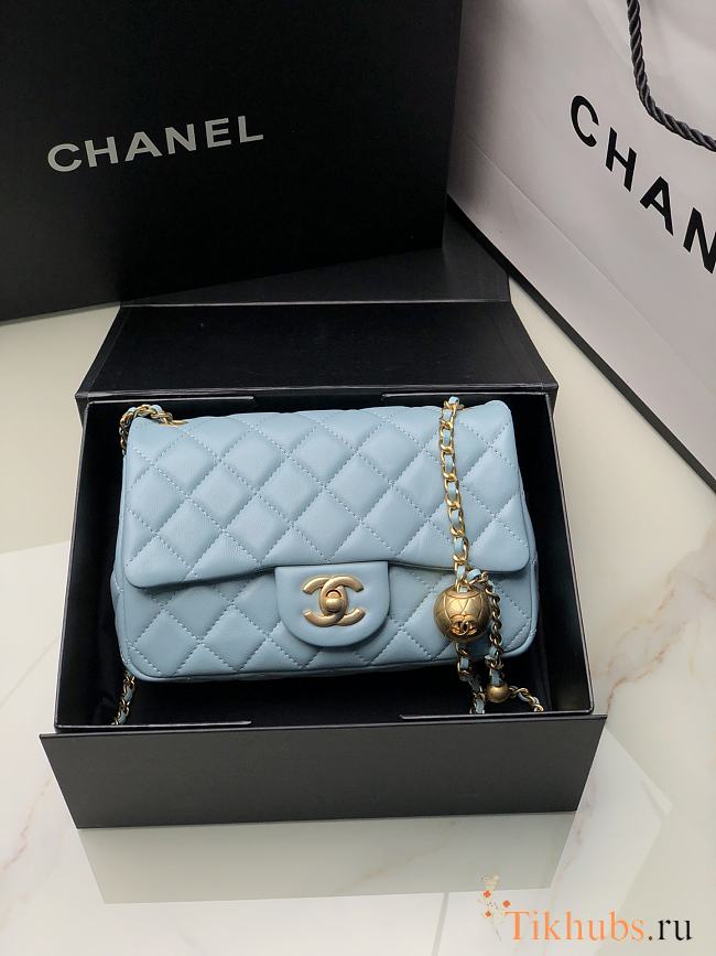 Chanel Flap Bag Blue Lambskin Gold 20cm - 1