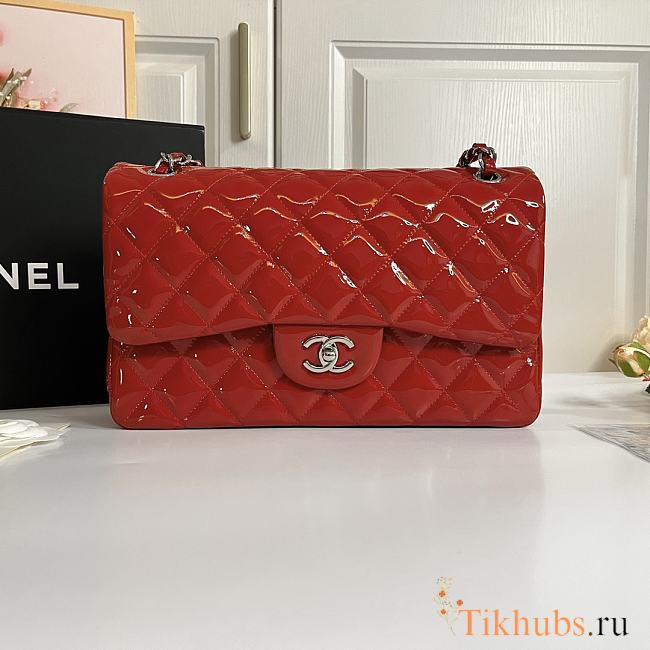 Chanel Jumbo Flap Bag Red Patent Silver 30cm - 1