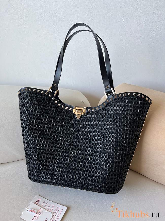 Valentino Garavani Rockstud Raffia Black Tote Bag 31x30x13.5cm - 1