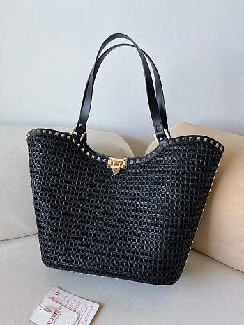 Valentino Garavani Rockstud Raffia Black Tote Bag 31x30x13.5cm