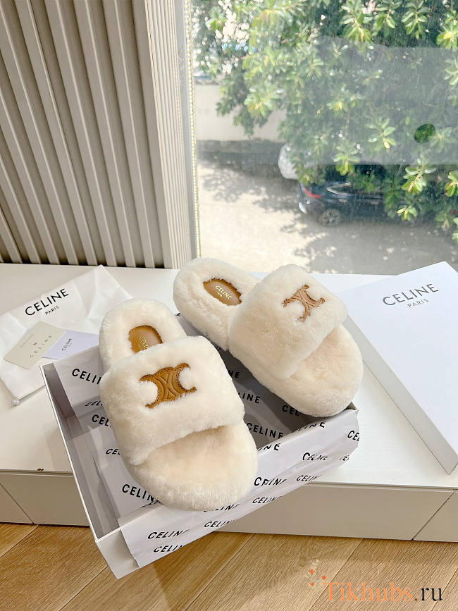 Celine Fur White Slides - 1