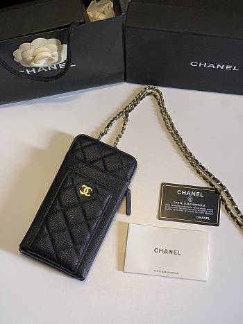 Chanel Black Caviar Leather Phone Holder Crossbody Bag 18x10x2cm