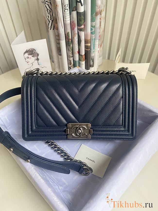 Chanel Leboy Bag Caviar Chevron Navy Blue Silver 25cm - 1