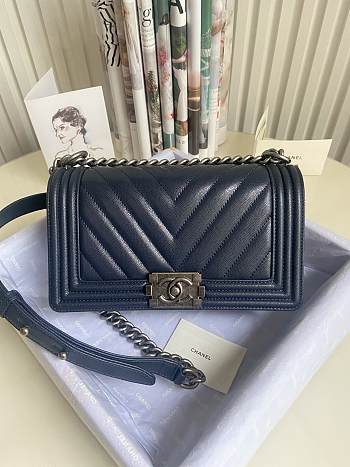 Chanel Leboy Bag Caviar Chevron Navy Blue Silver 25cm