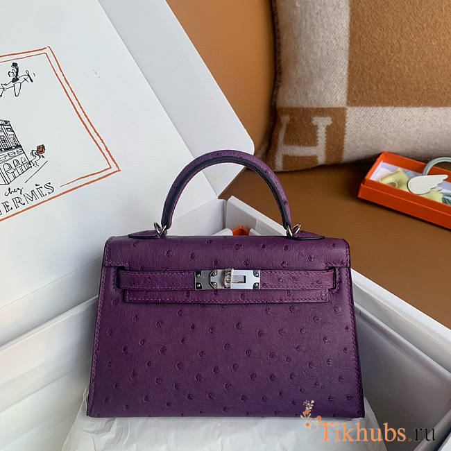 Hermes Mini Kelly Purple Silver Ostrich 19cm - 1