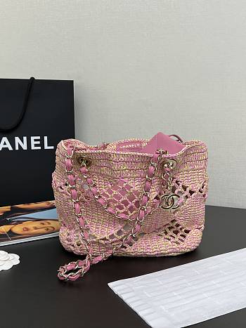 Chanel Small Tote Raffia Gold Beige Pink 24.5 x 32 x 10 cm