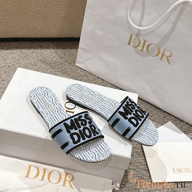 Dior Dway Cotton Pale Blue Allover Slides - 1