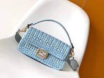 Fendi Baguette Light Blue Leather Interlaced Fiber Bag 27x15x6cm