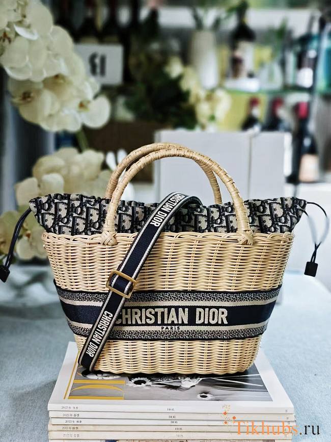 Dior Hat Basket Bag Natural Wicker Blue 35 x 20.5 x 11 cm - 1