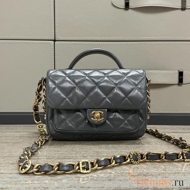 Chanel 24A Handle Flap Bag Grey Gold Lambskin 19cm - 1