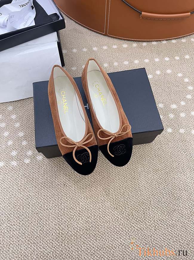 Chanel Ballerina Brown Black Suede Flat - 1