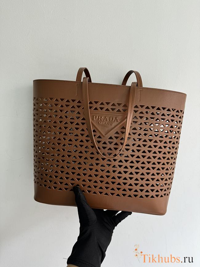 Prada Large Perforated Leather Tote Bag Brown 32x29x13cm - 1