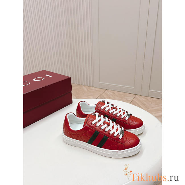 Gucci Ace Sneaker With Web In Red Leather - 1