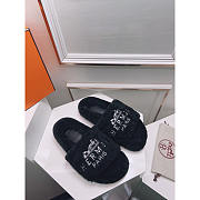 Hermès Logo Embroidered Fur Slippers Black - 1