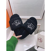 Hermès Logo Embroidered Fur Slippers Black - 3