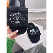 Hermès Logo Embroidered Fur Slippers Black - 2