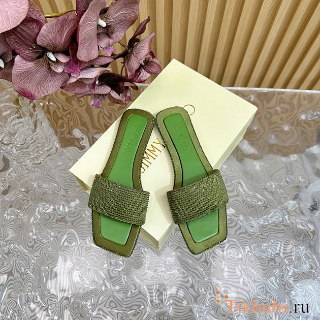 Jimmy Choo Clovis Flat Satin Crystal Flats Green - 1