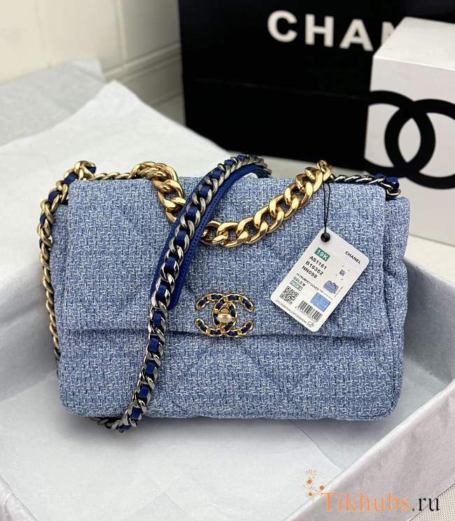 Chanel 19 Flap Bag Blue Tweed Gold 30cm - 1