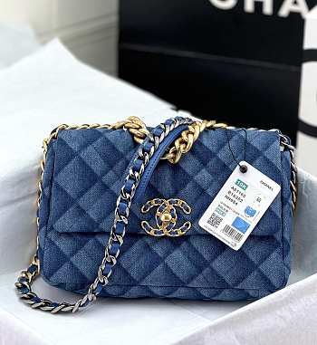 Chanel 19 Flap Bag Blue Denim Gold 26cm