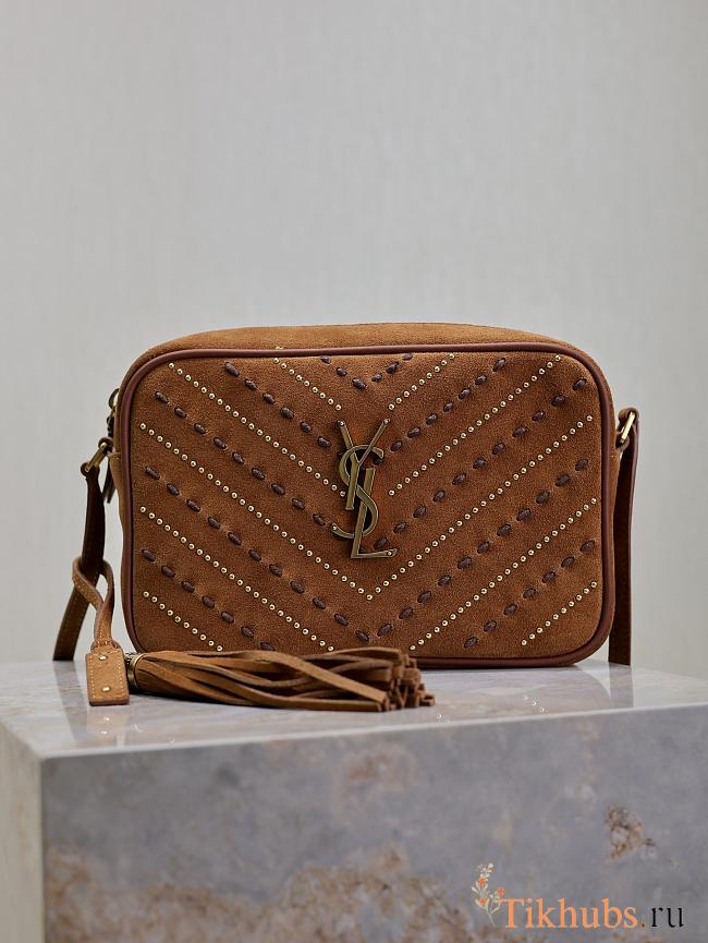 YSL Lou Embellished Suede Topstitch Camera Bag 23x16x6cm - 1