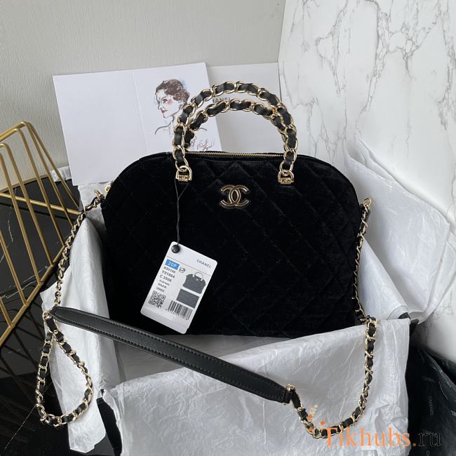 Chanel Clutch With Strap Black Bag Velvet 28.5x20.5x7cm - 1