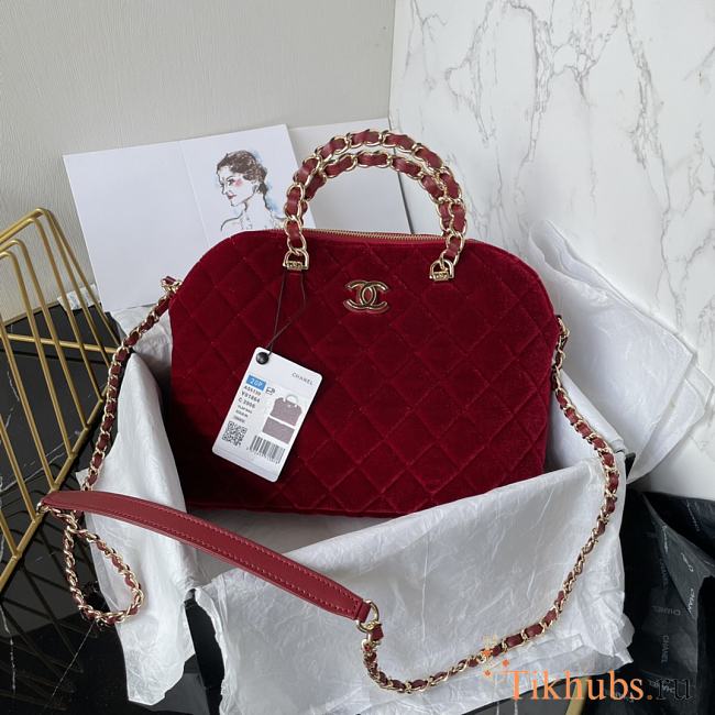 Chanel Clutch With Strap Red Bag Velvet 28.5x20.5x7cm - 1